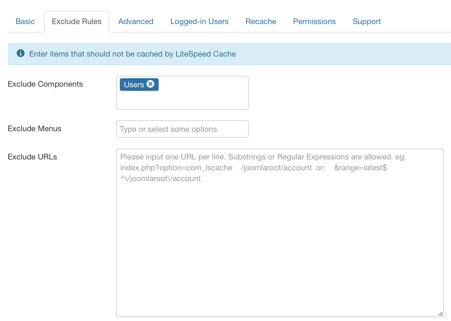 LiteSpeed Exclude Rules Joomla